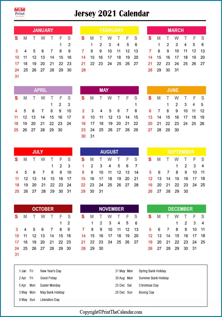 Jersey Printable Calendar 2021